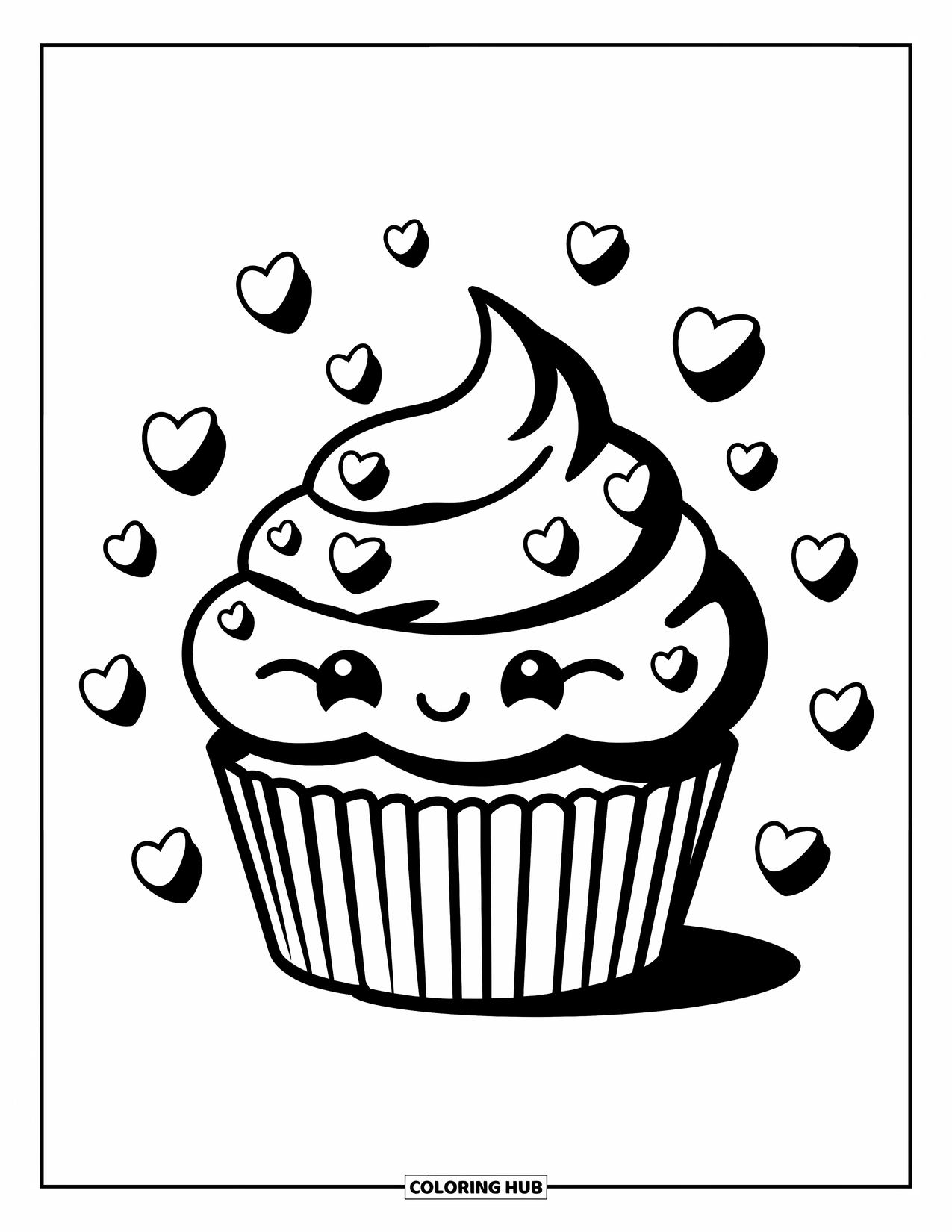 Mask Coloring Page for Adults: A cupcake mask with frosting swirls and heart sprinkles