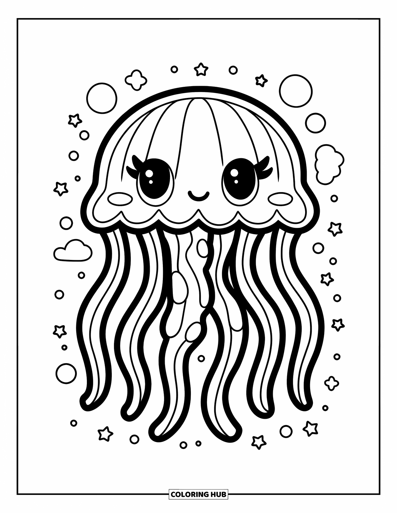Mask Coloring Page for Adults: A cute jellyfish mask with tentacles, bubbles, and tiny stars