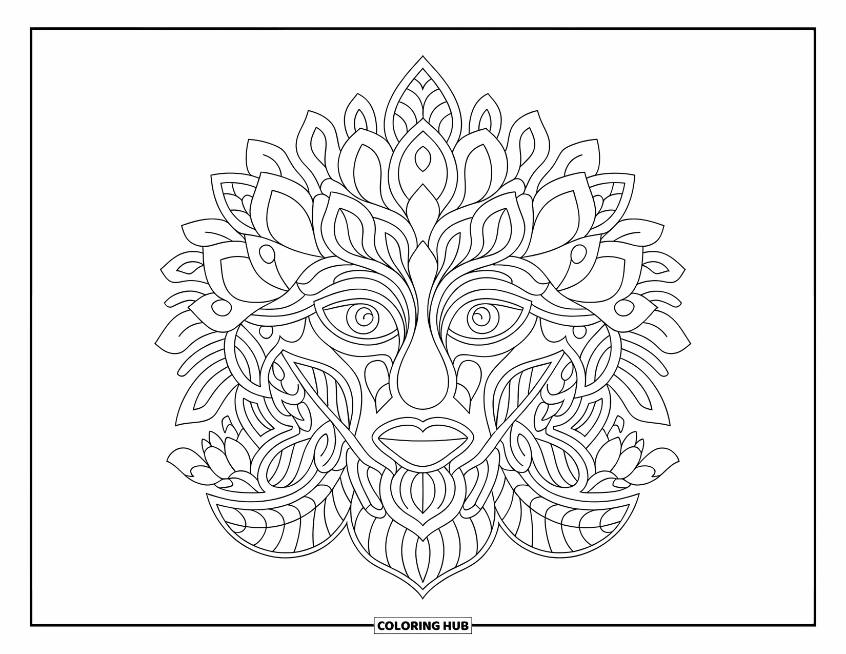 Mask Coloring Page for Adults: A detailed mandala mask with lotus flowers and geometric elements