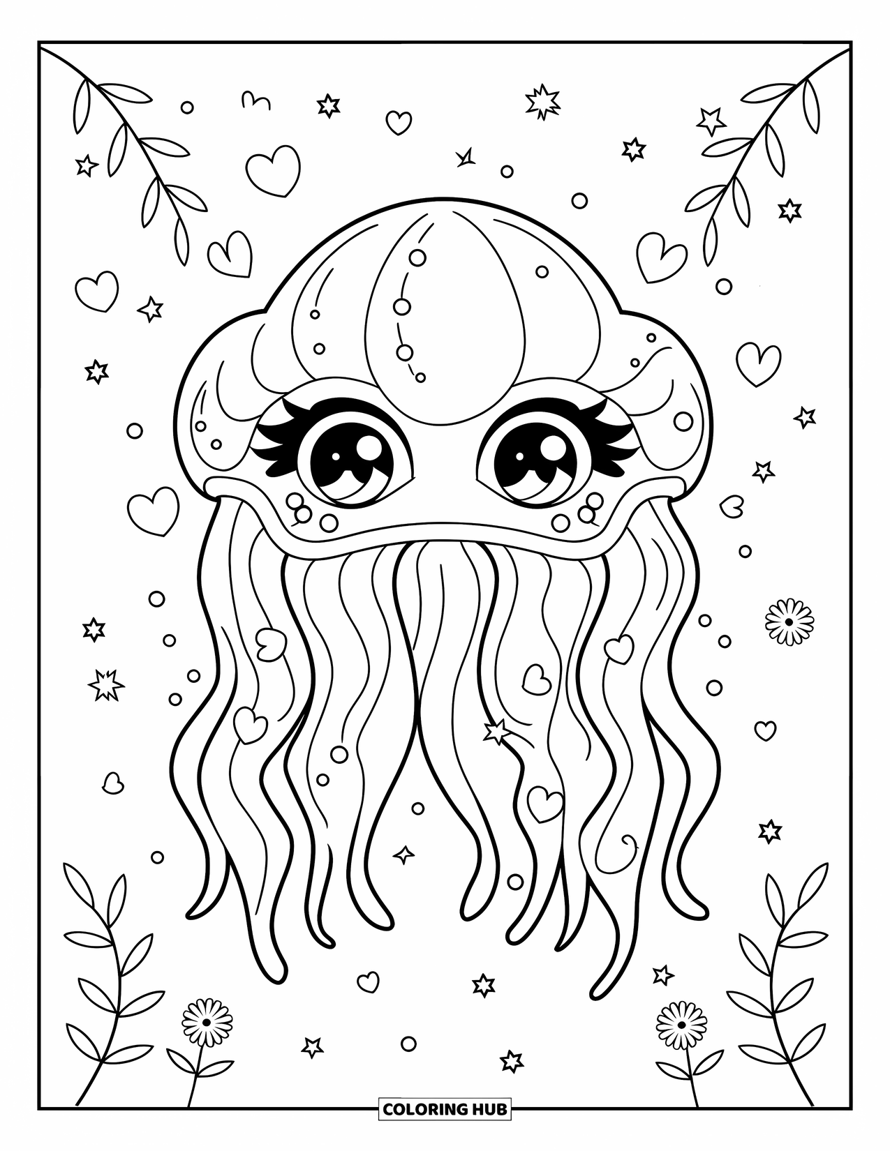 Mask Coloring Page for Adults: A jellyfish mask on a branch with hearts, stars, and flowers