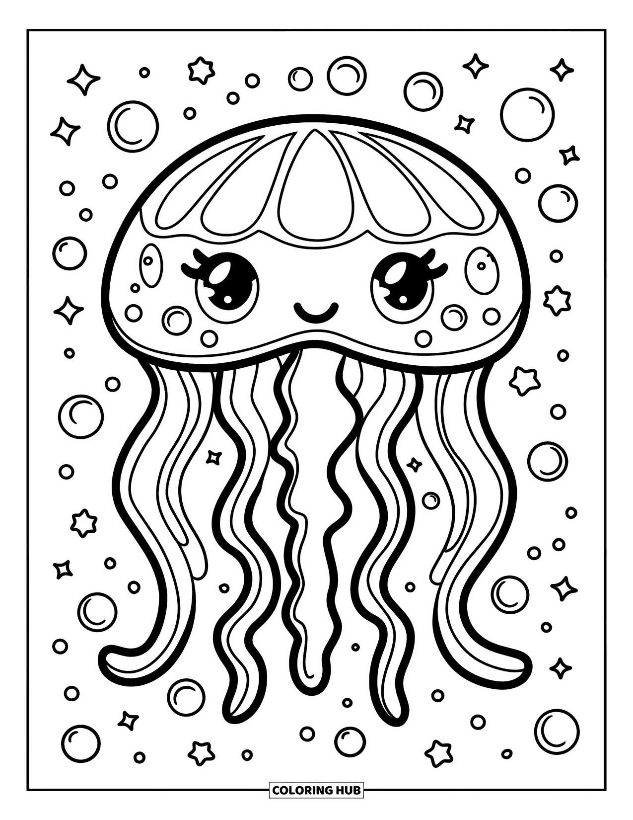 Mask Coloring Page for Adults: A jellyfish mask surrounded by bubbles and stars in doodle style
