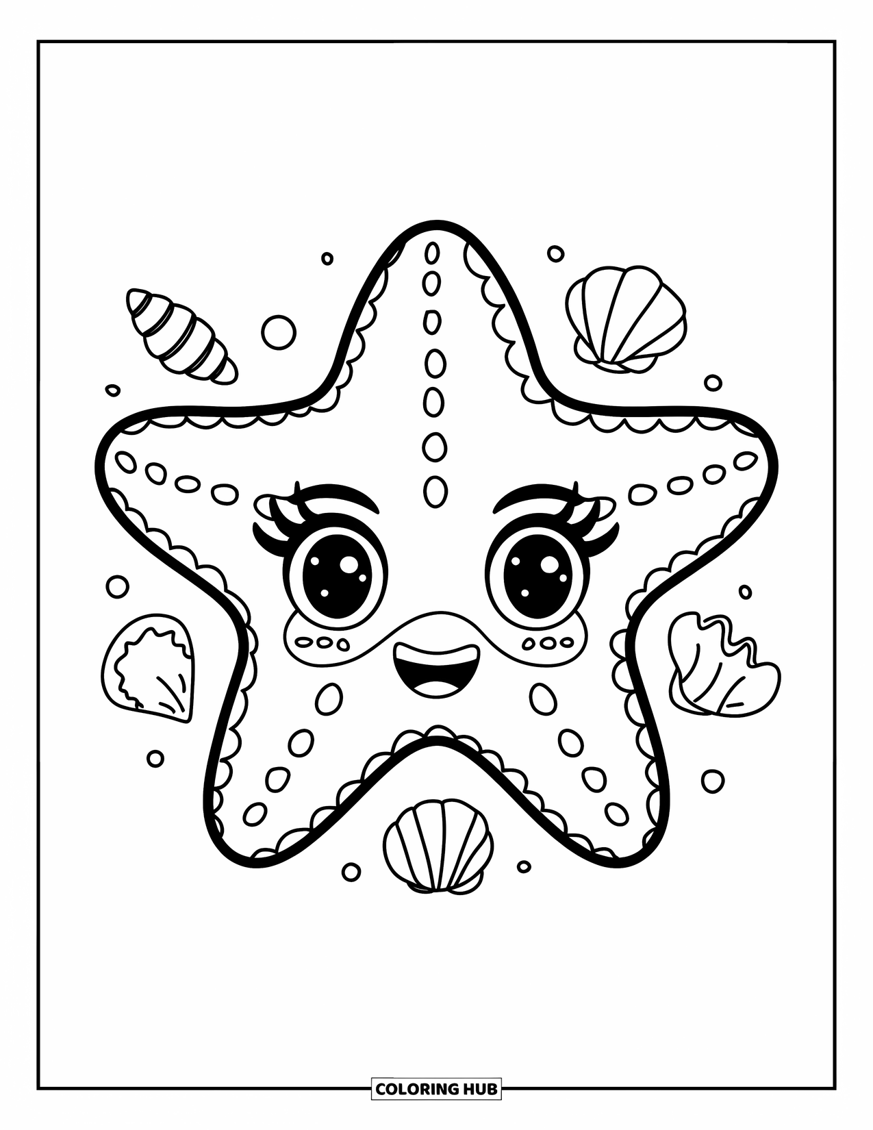 Mask Coloring Page for Adults: A kawaii starfish mask with dotted arms and tiny seashells nearby