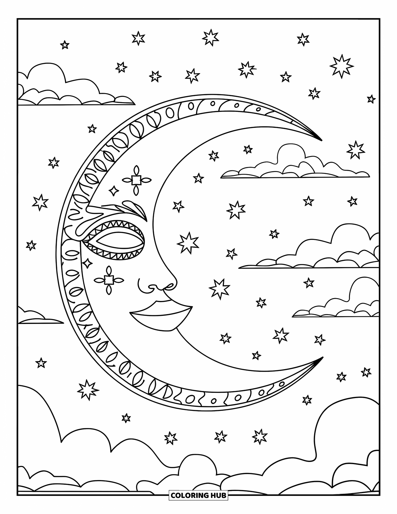 Mask Coloring Page for Adults: A moon-shaped mask with celestial patterns and a starry sky