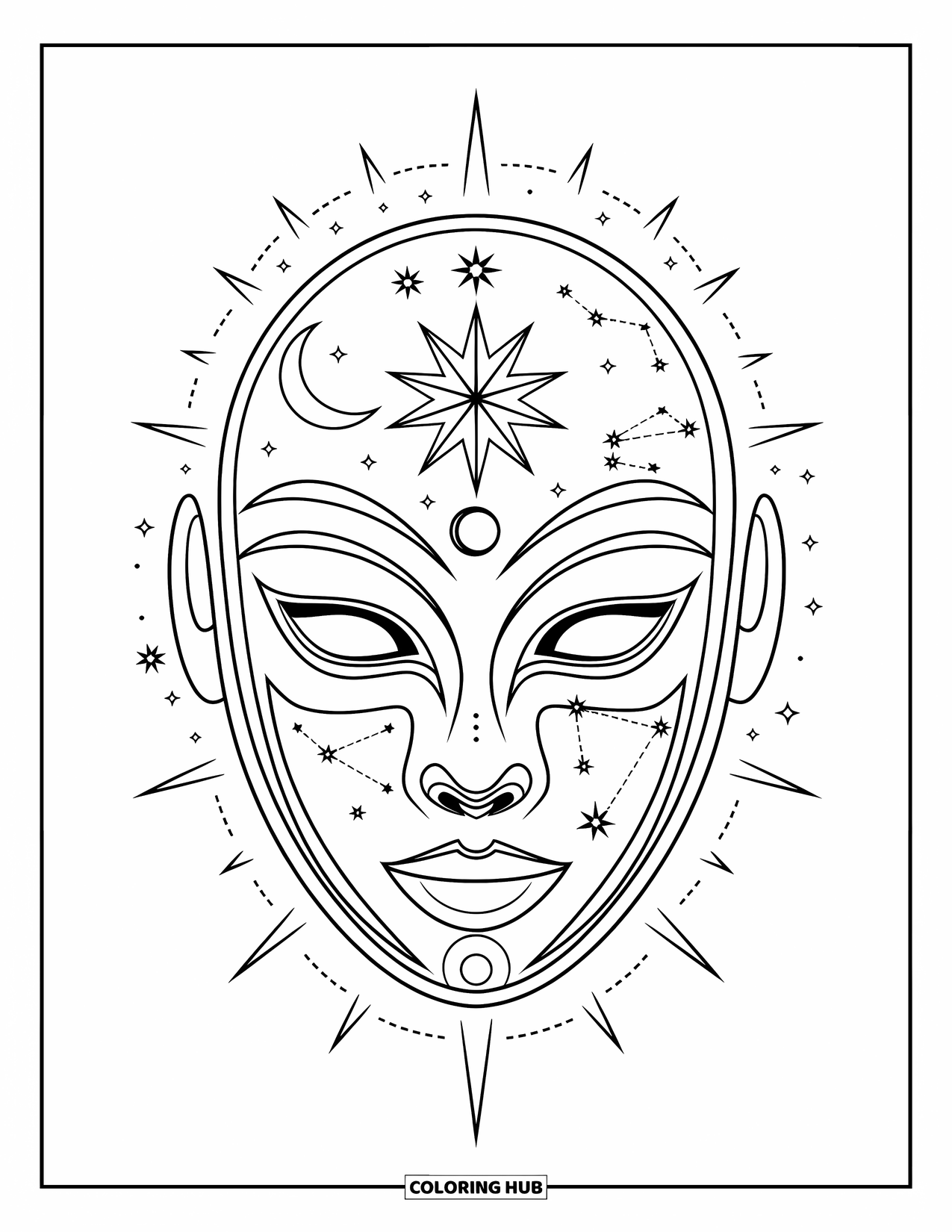 Mask Coloring Page for Adults: A mystical mask decorated with stars, moons, and constellations