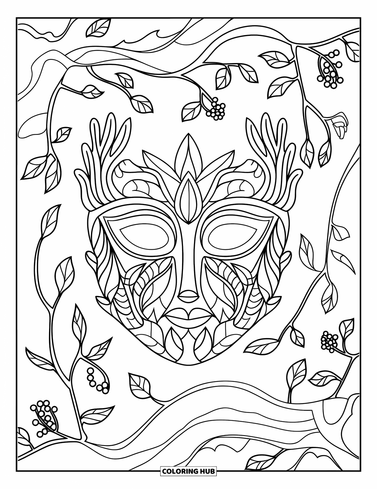 Mask Coloring Page for Adults: A nature-themed mask surrounded by branches, leaves, and buds