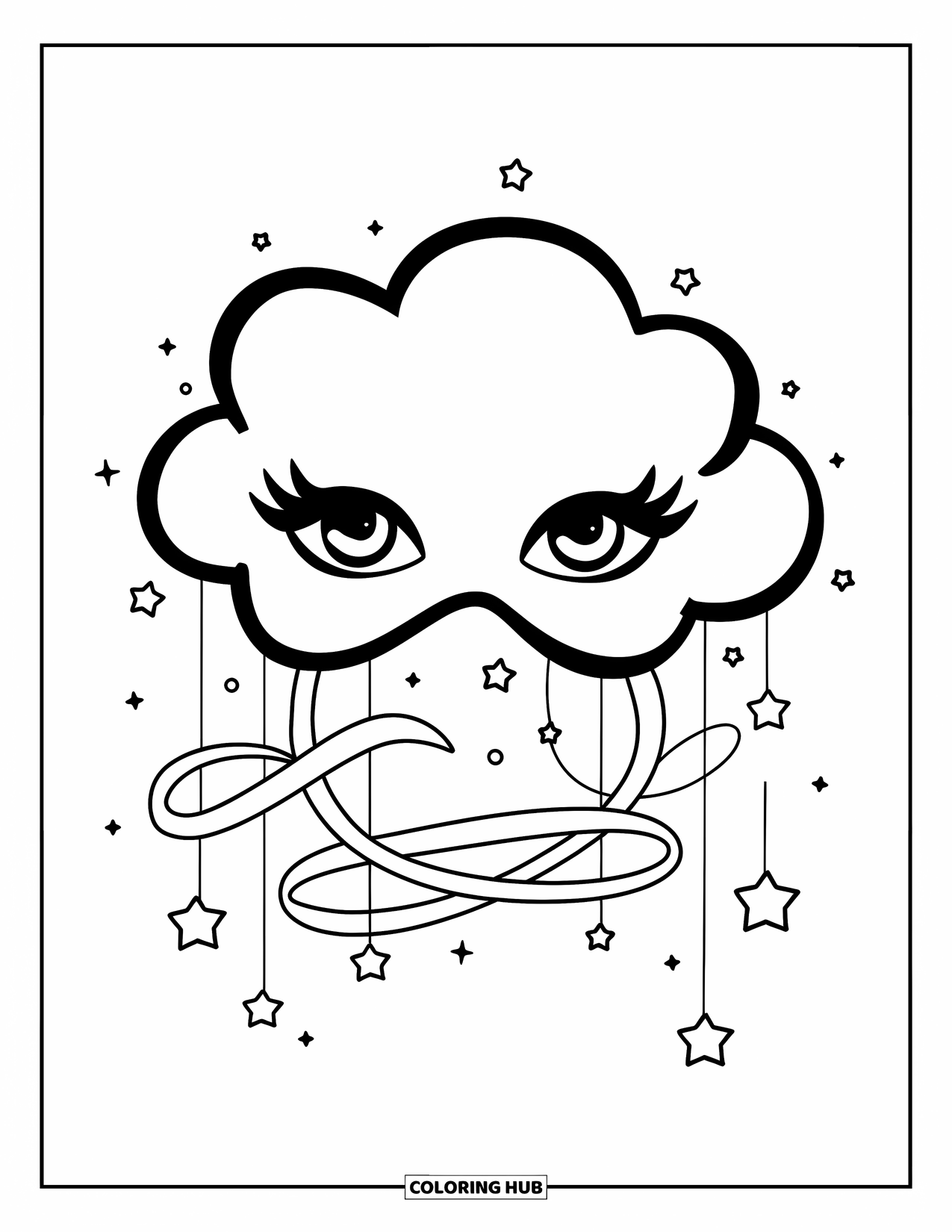 Mask Coloring Page for Adults: A soft cloud mask with stars and ribbon loops around it