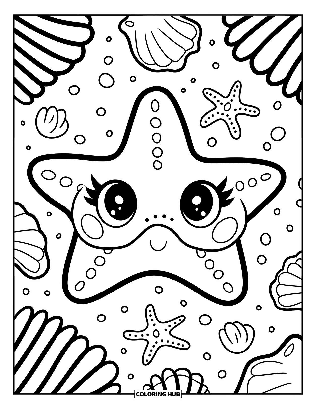Mask Coloring Page for Adults: A starfish mask surrounded by playful seashells and starfish doodles