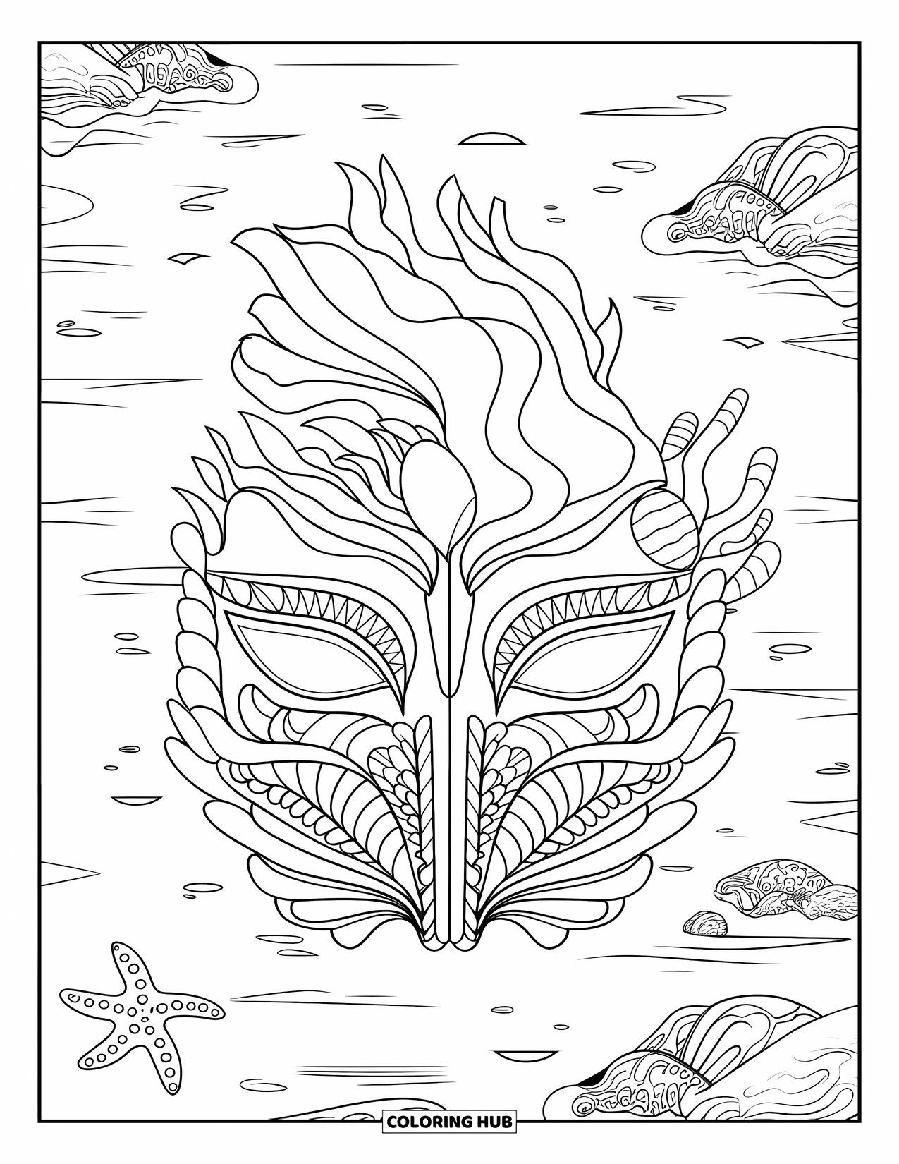 Mask Coloring Page for Adults: An ocean mask with waves, shells, coral, and a nearby starfish
