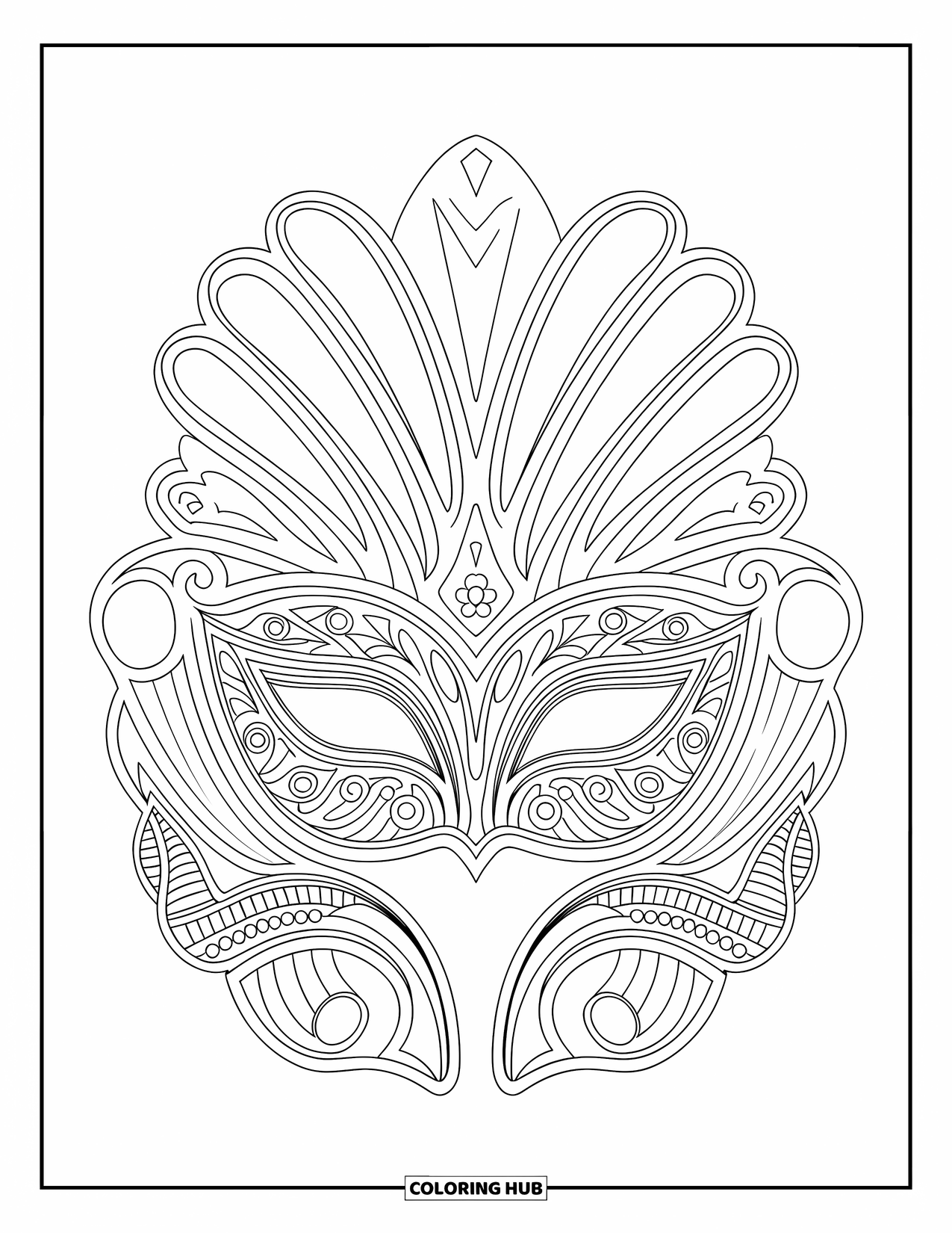 Mask Coloring Page for Adults: An ornate Venetian mask with geometric shapes and delicate patterns