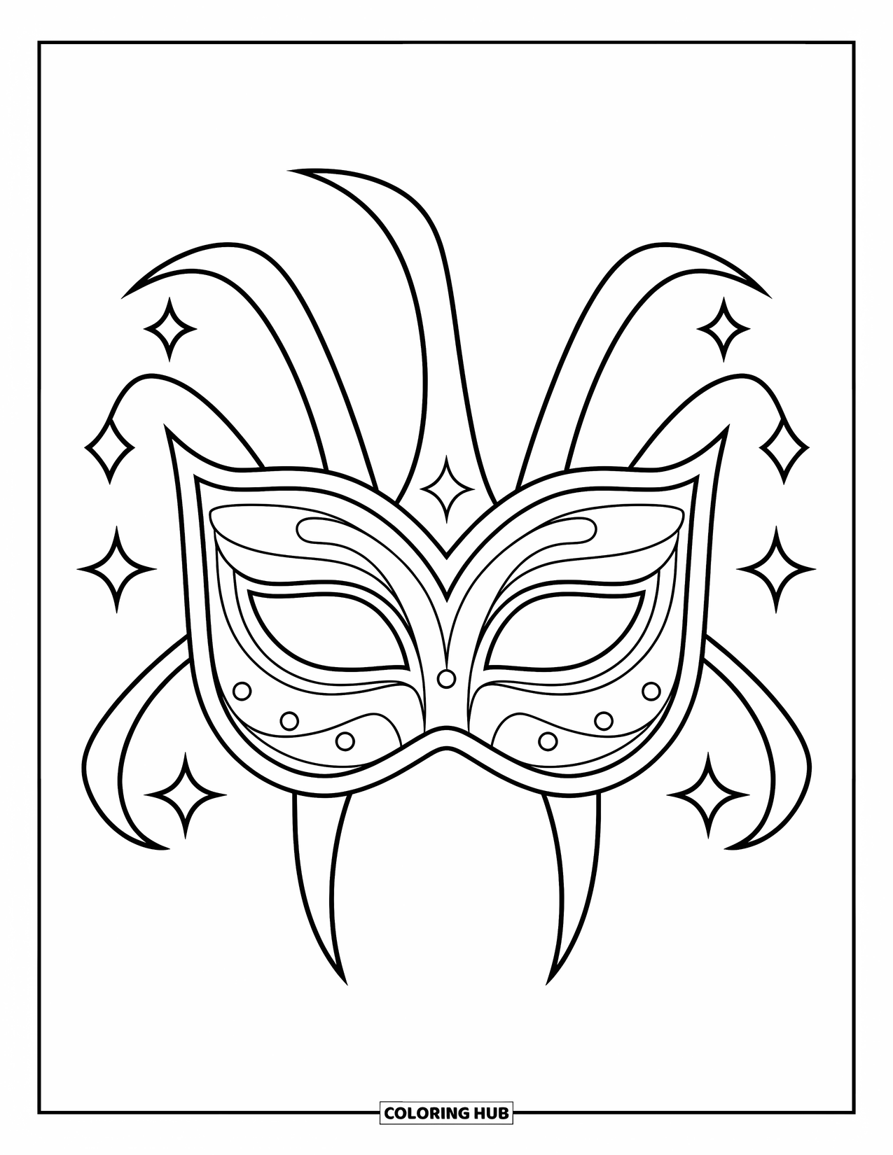 Mask Coloring Page for Kids: A carnival mask with curved edges and small star decorations