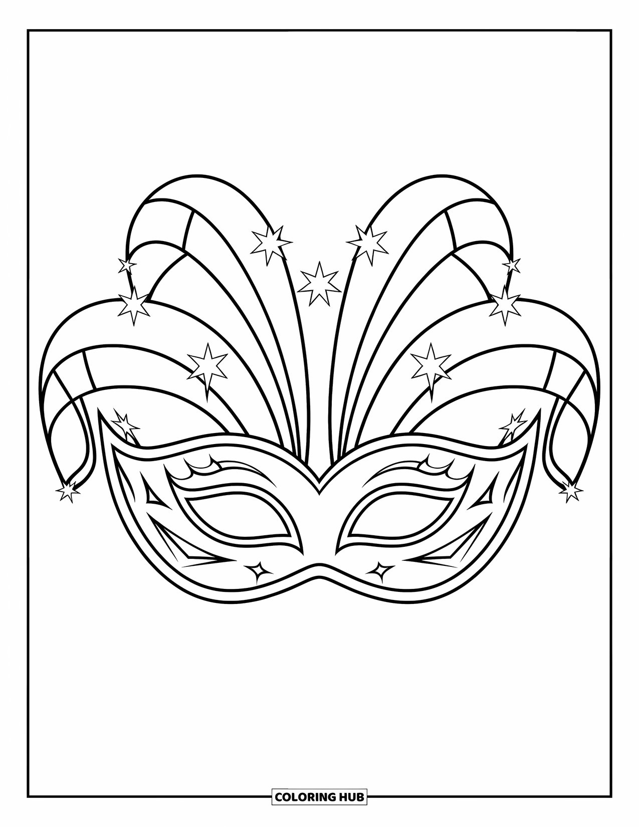 Mask Coloring Page for Kids: A carnival mask with curved handles and delicate star decorations