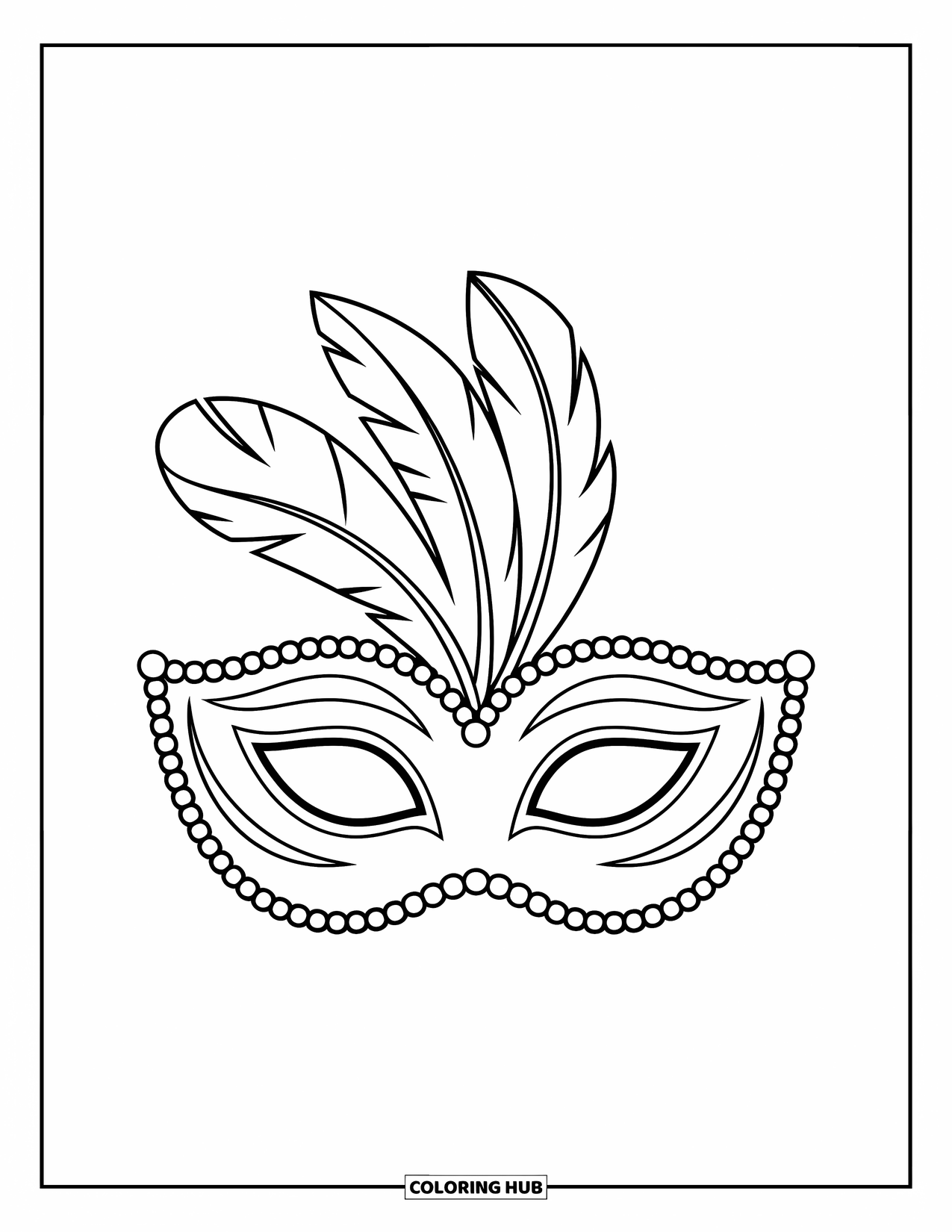 Mask Coloring Page for Kids: A carnival mask with two feathers and beaded outlines