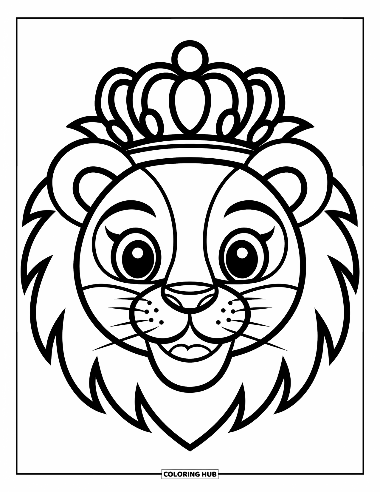 Mask Coloring Page for Kids: A cheerful lion mask with a crown and gentle mane