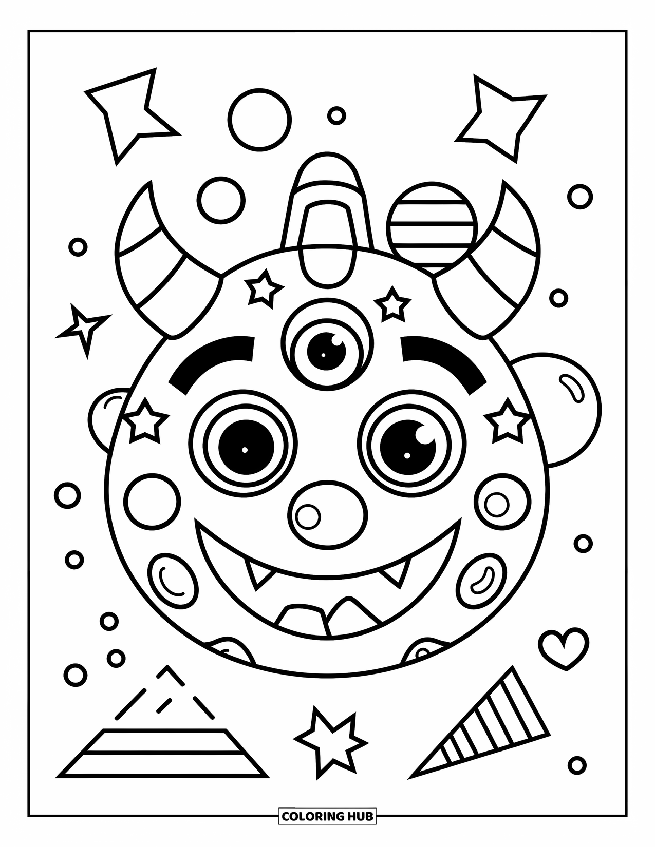 Mask Coloring Page for Kids: A cheerful monster mask with three horns, stars, and fun shapes
