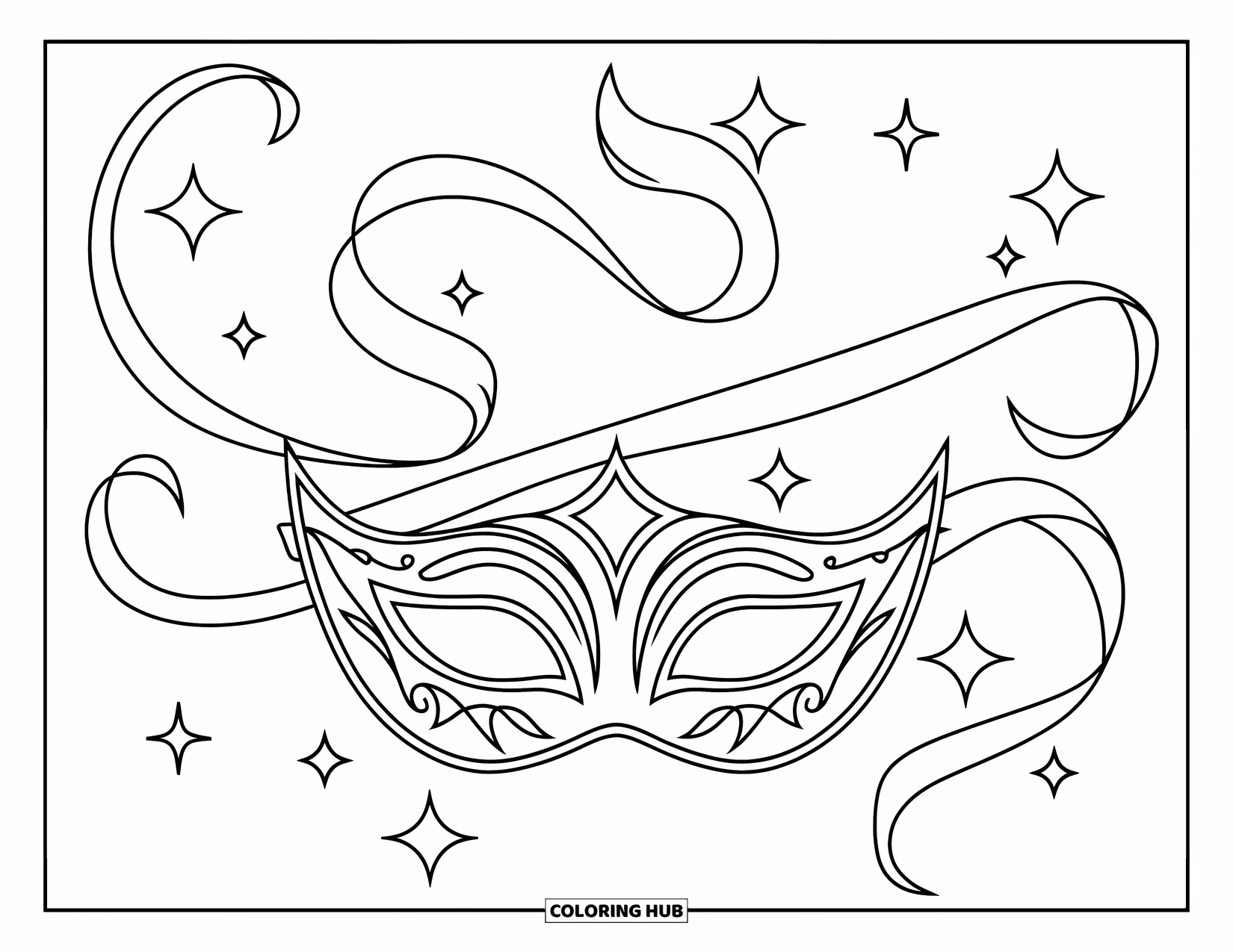 Mask Coloring Page for Kids: A curved masquerade mask with intricate swirl and star designs