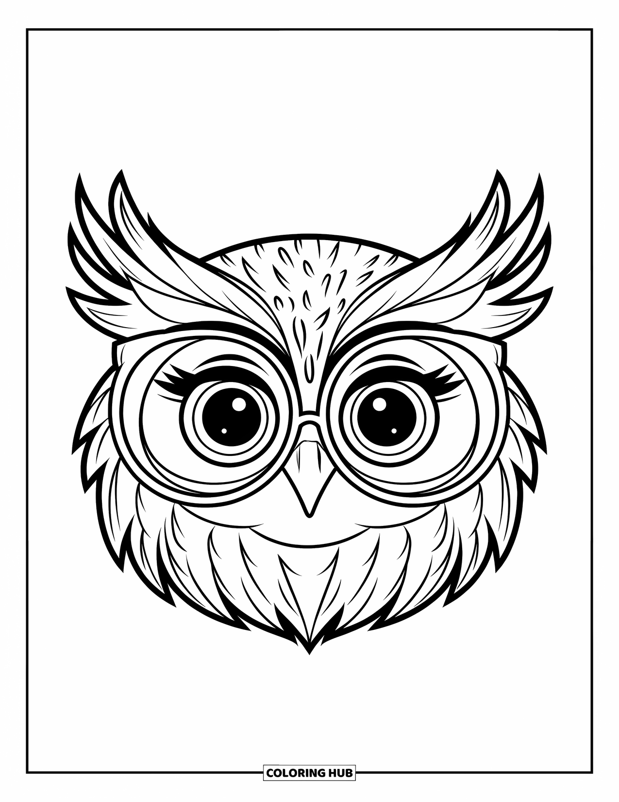 Mask Coloring Page for Kids: A cute owl mask with feathers, big eyes, and glasses