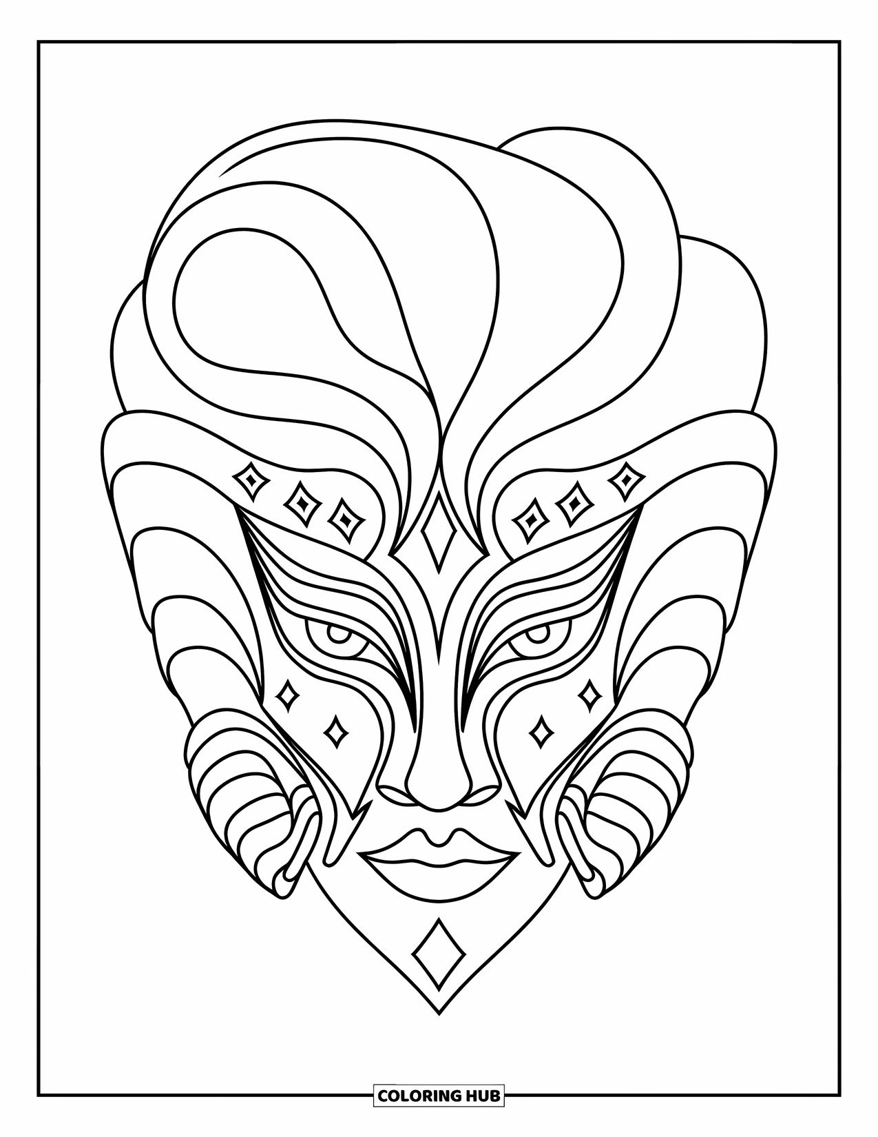 Mask Coloring Page for Kids: A fantasy mask with elegant curves and scattered diamond details