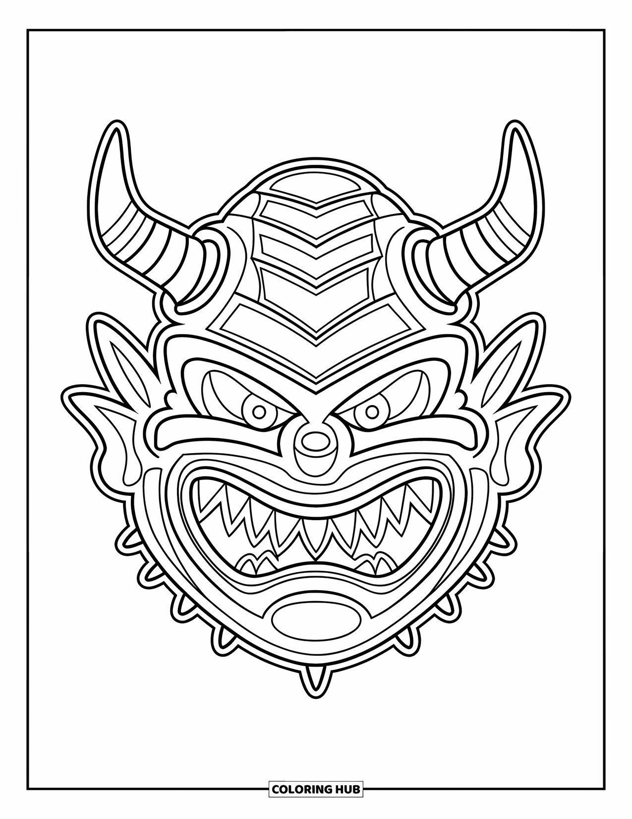 Mask Coloring Page for Kids: A monster mask with horns, spikes, and a wide, toothy grin