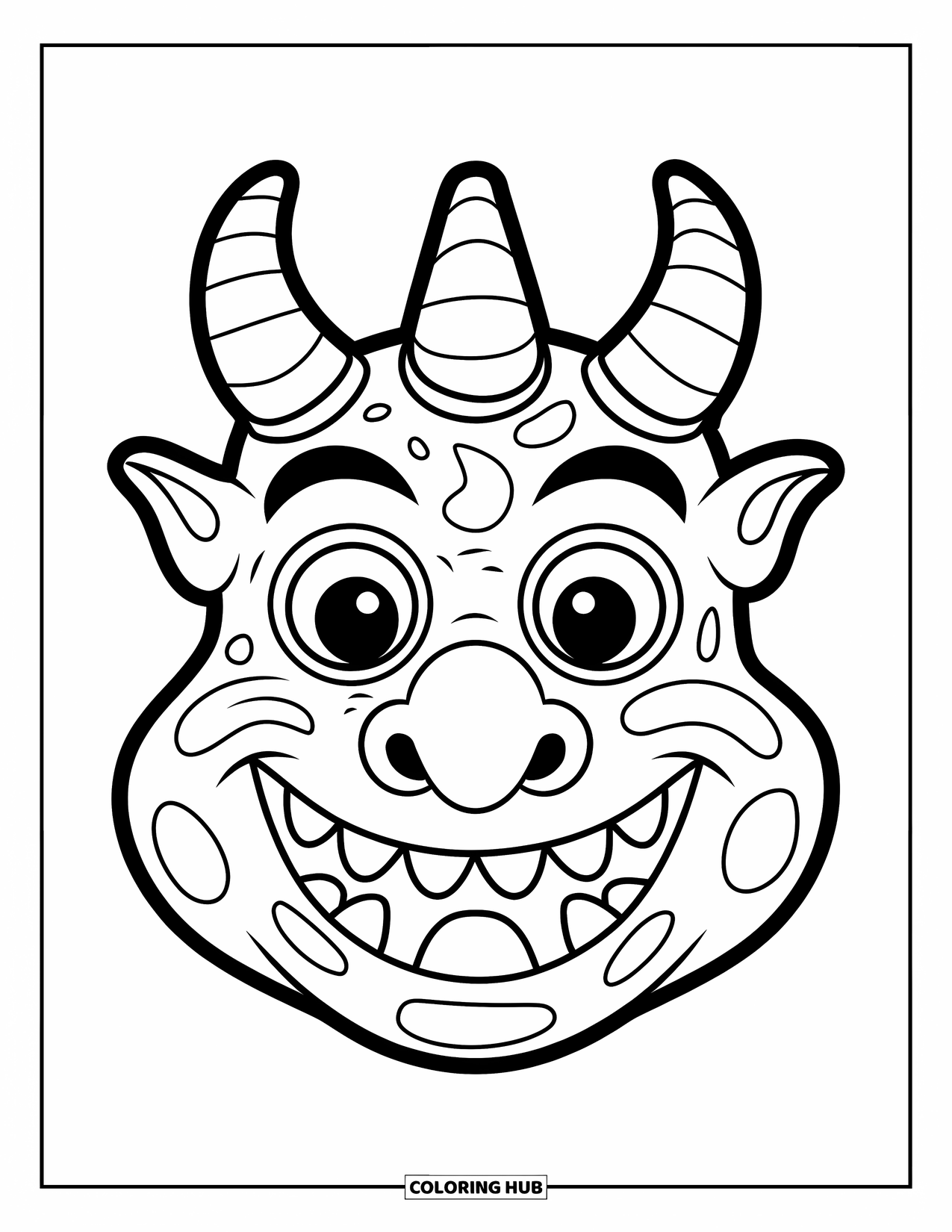 Mask Coloring Page for Kids: A monster mask with three horns, sharp teeth, and a playful look