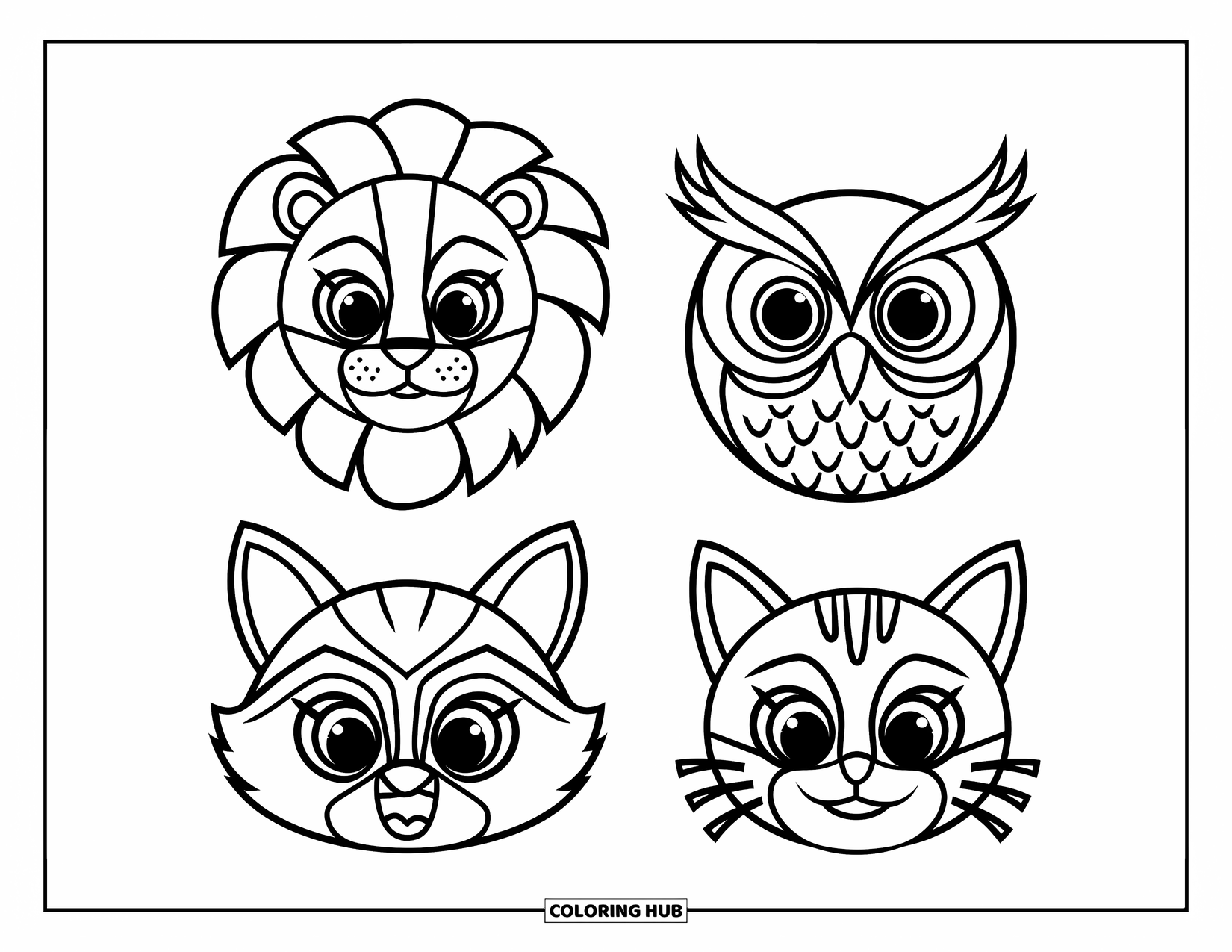 Mask Coloring Page for Kids: A set of cute animal masks including a lion, owl, raccoon, and cat