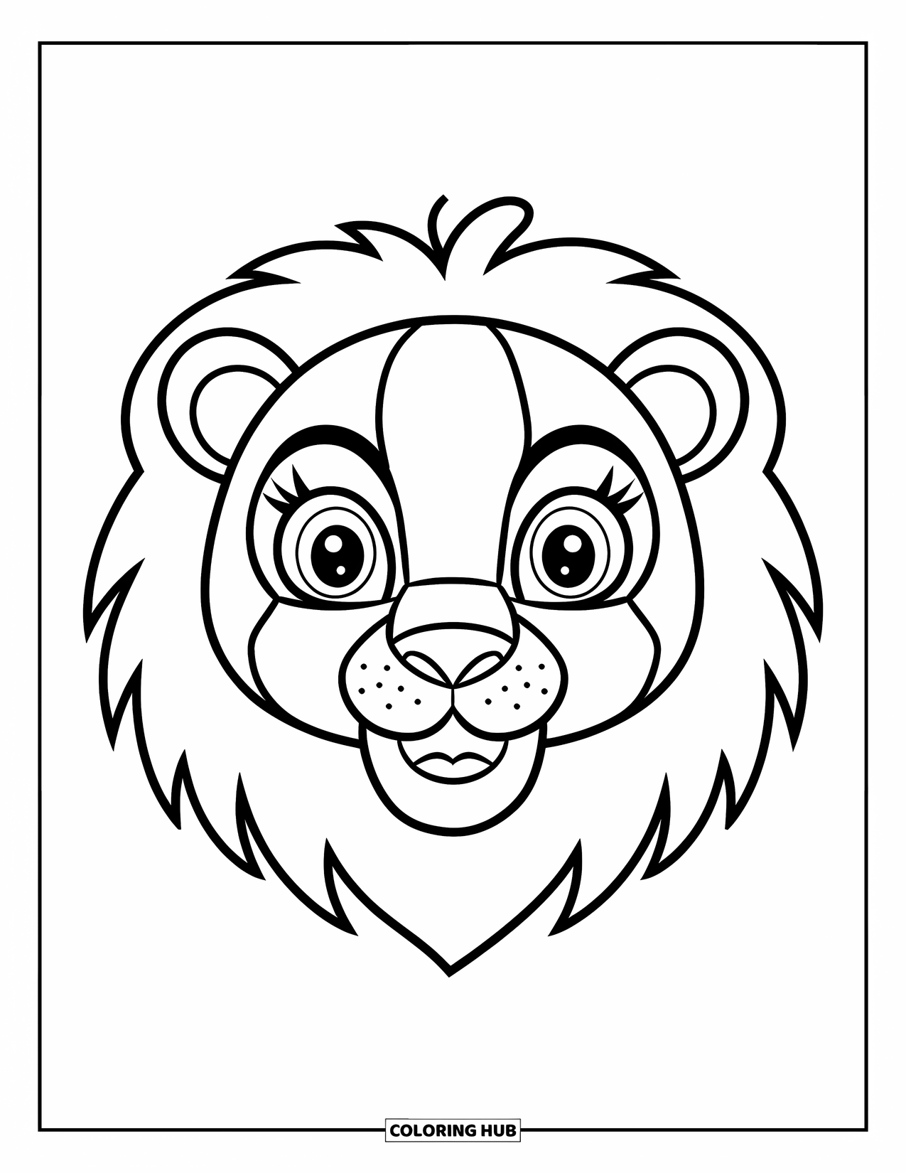 Mask Coloring Page for Kids: A smiling lion mask with a round face and soft mane
