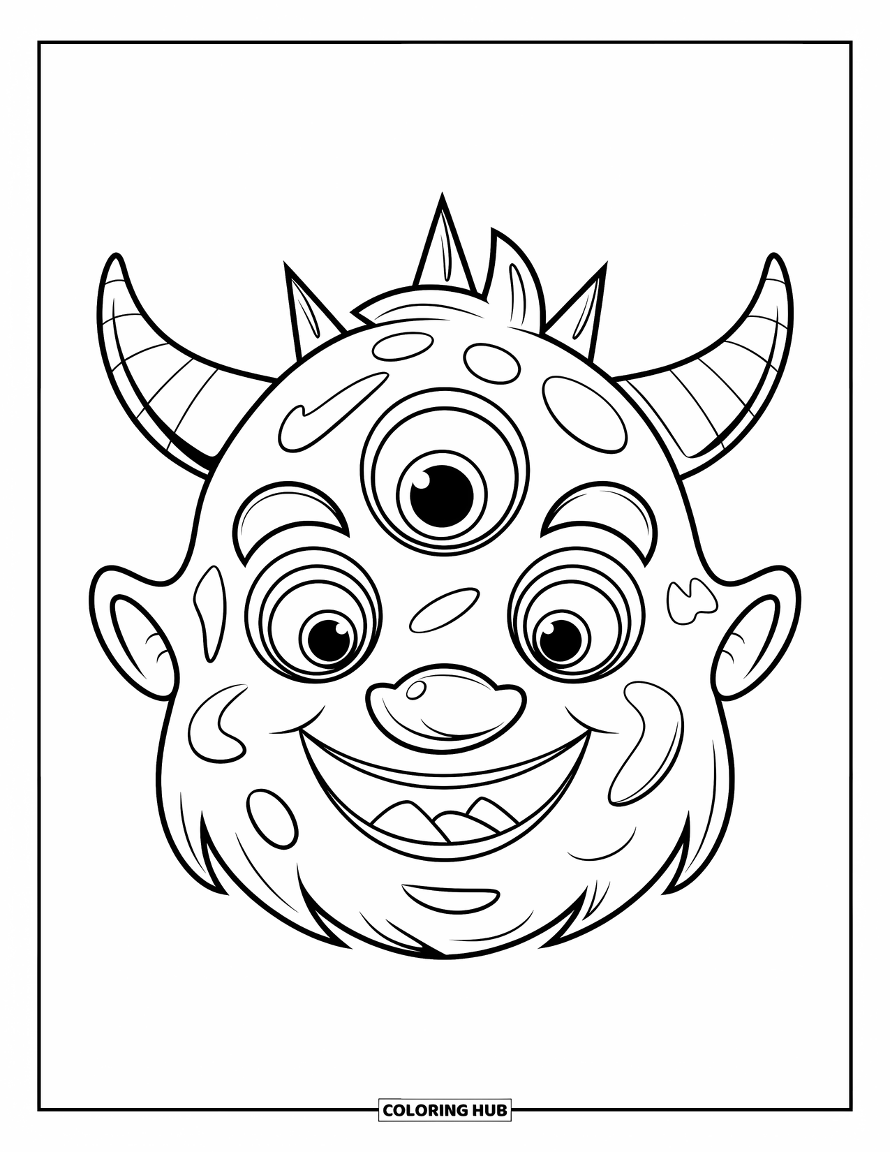 Mask Coloring Page for Kids: A smiling monster mask with three horns and round, happy eyes