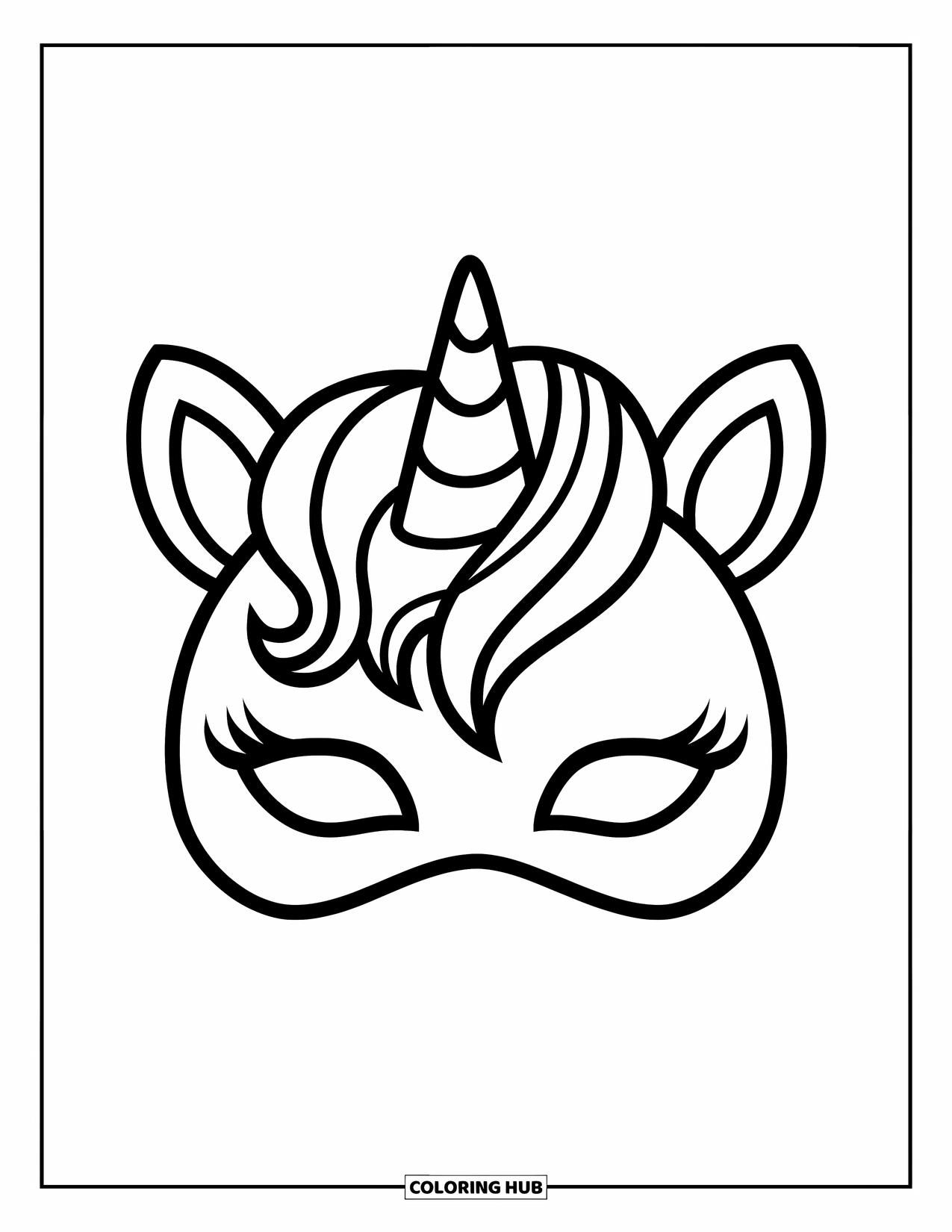 Mask Coloring Page for Kids: A unicorn mask with a small horn and gentle ear details
