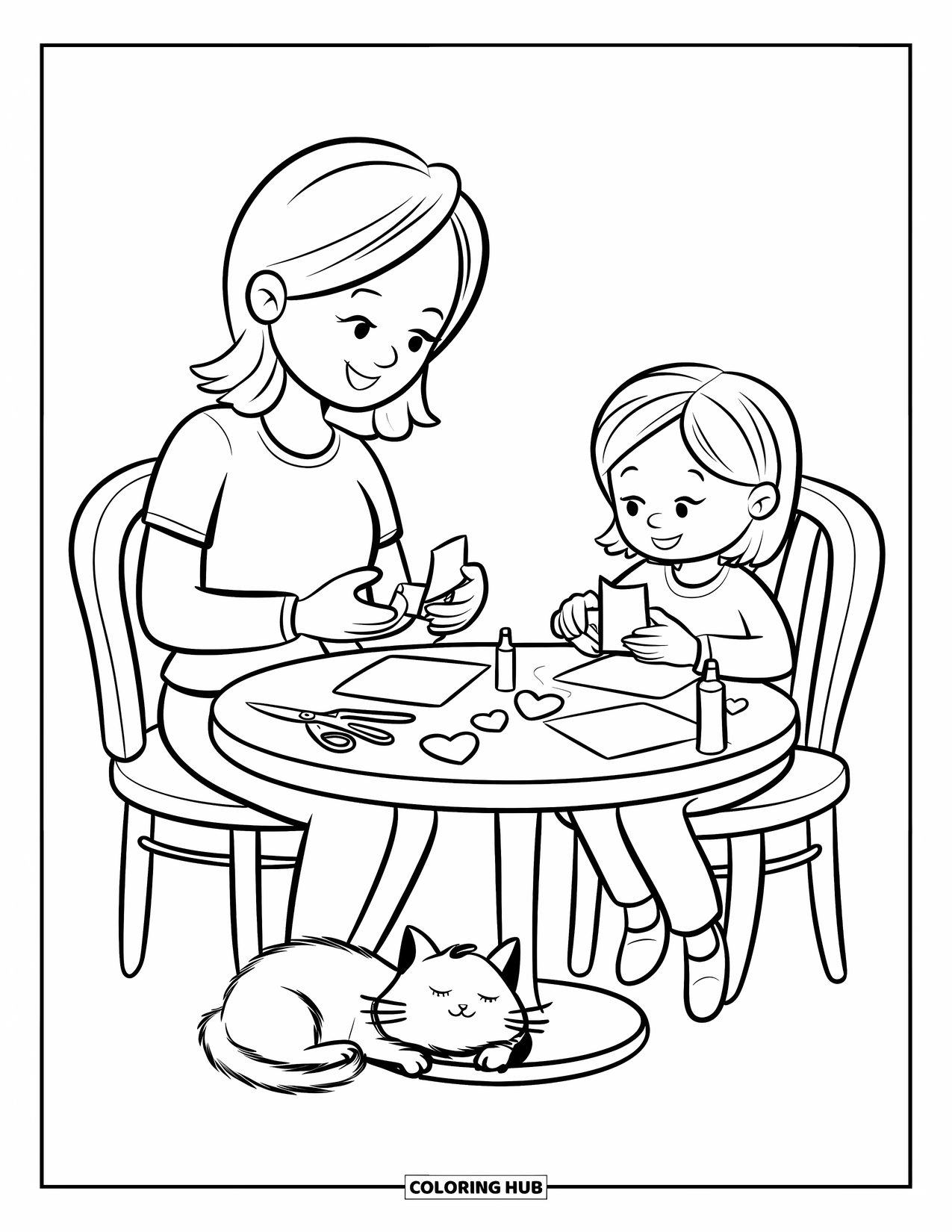 Mom And Daughter Coloring Page for Adults: A mom and daughter crafting handmade cards together at a round table