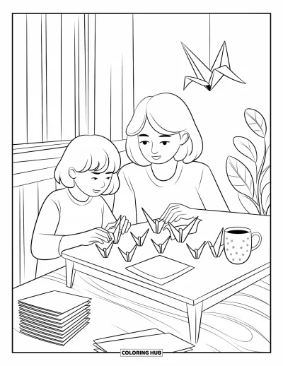 Målarbild med mamma och dotter för vuxna: En mamma och dotter som viker papperskranar under hängande origami