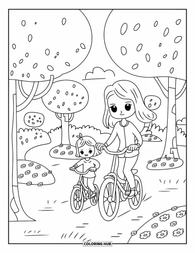Målarbild med mamma och dotter för vuxna: En mamma och dotter som cyklar tillsammans i en mild bris