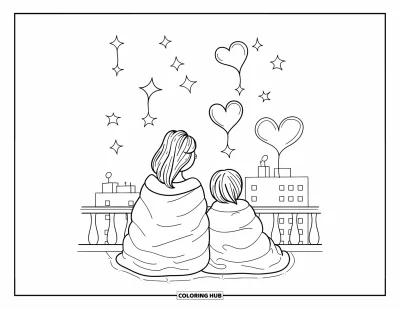 Målarbild med mamma och dotter för vuxna: En mamma och dotter som njuter av en mysig natt och tittar på stjärnorna