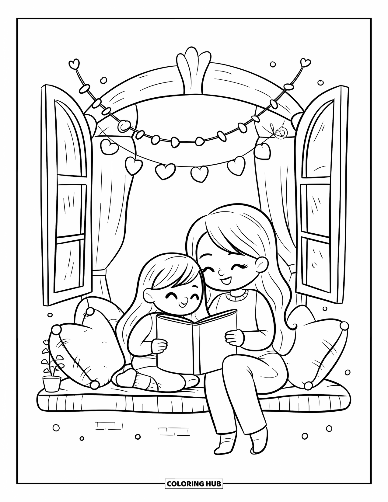 Mom And Daughter Coloring Page for Adults: A mom and daughter enjoying storytime together by the window