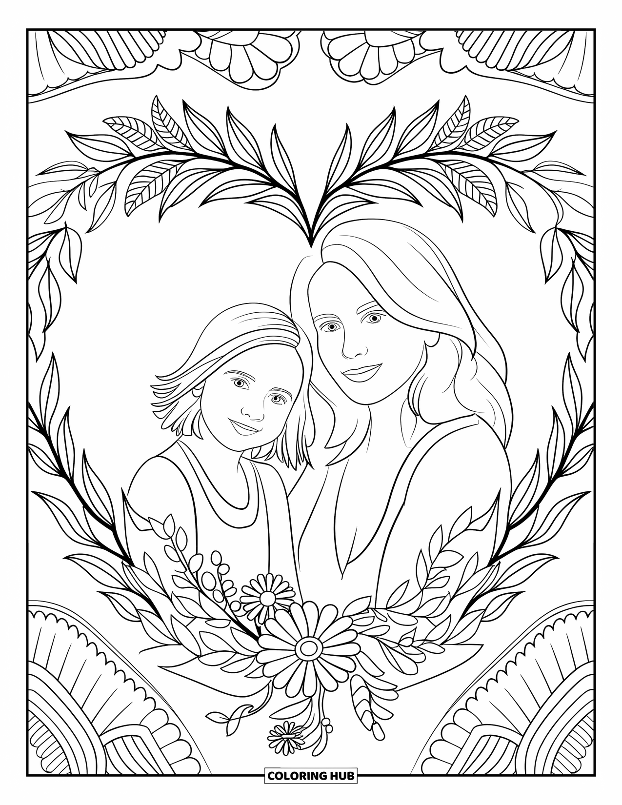 Mom And Daughter Coloring Page for Adults: A mom and daughter framed inside a heart-shaped wreath of flowers