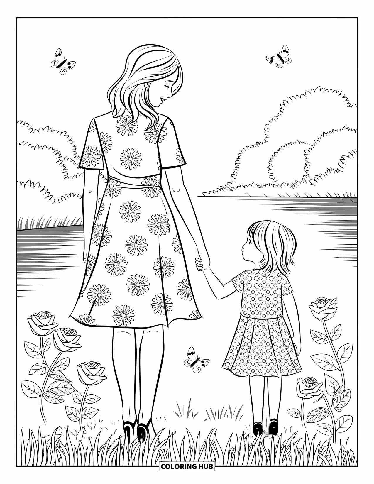 Mom And Daughter Coloring Page for Adults: A mom and daughter holding hands near a garden filled with roses and butterflies