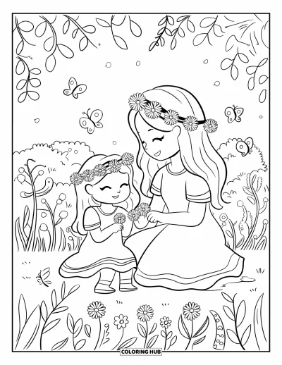 Målarbild med mamma och dotter för vuxna: En mamma och dotter som gör blomsterkronor omgivna av blommande växter