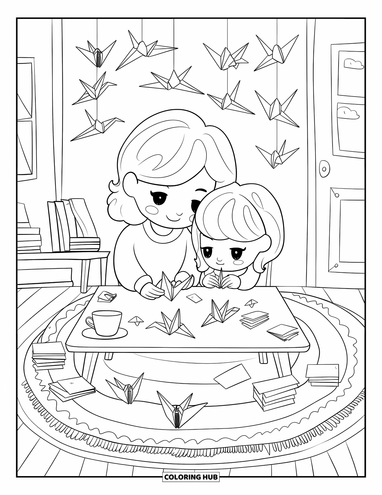 Mom And Daughter Coloring Page for Adults: A mom and daughter making origami cranes together in a cozy room