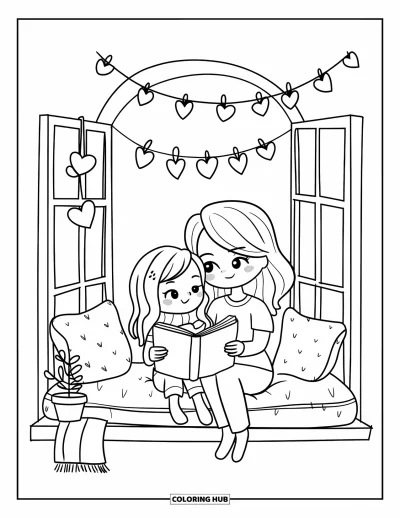 Målarbild med mamma och dotter för vuxna: En mamma och dotter som läser en sagobok i en mjuk fönsterbänk
