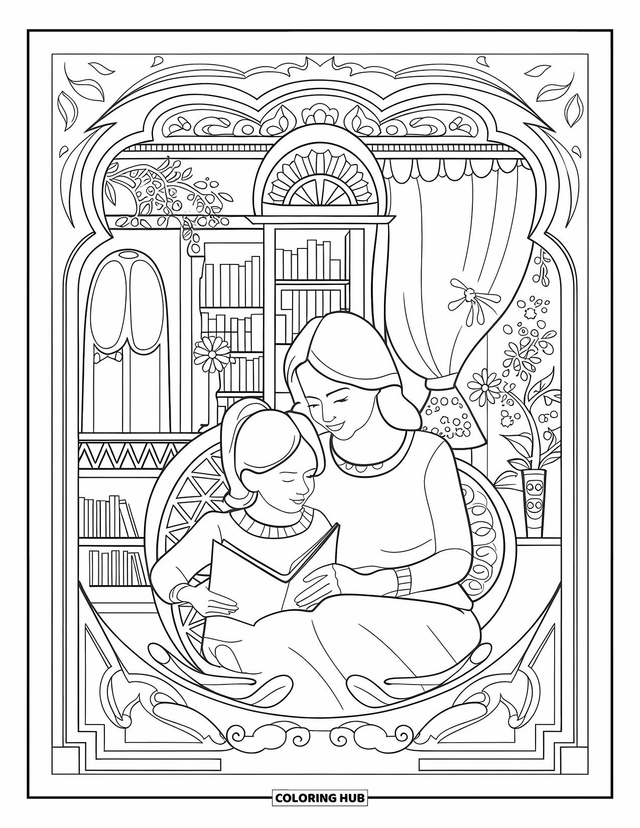 Mom And Daughter Coloring Page for Adults: A mom and daughter reading in a cozy room with vintage decor