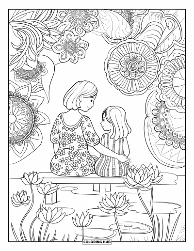 Målarbild med mamma och dotter för vuxna: En mamma och dotter som vilar vid ett damm omgivet av blommor