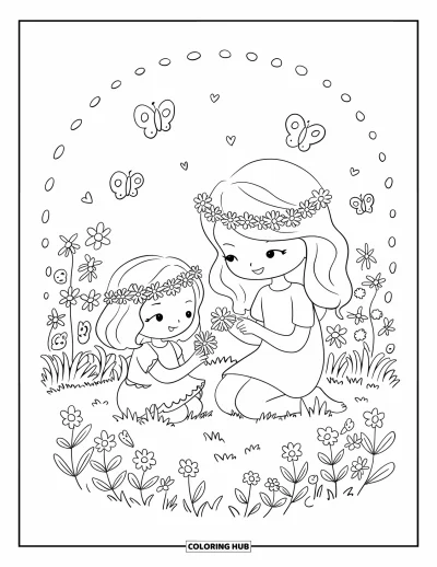 Målarbild med mamma och dotter för vuxna: En mamma och dotter som sitter i gräset och gör blomsterkronor