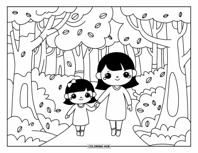 Målarbild med mamma och dotter för vuxna: En mamma och dotter som strosar på en skogsstig med fallande löv