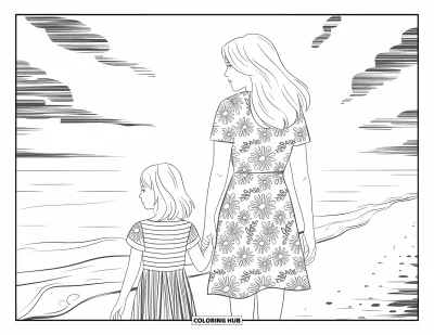 Målarbild med mamma och dotter för vuxna: En mamma och dotter som går längs havet under mjuka moln