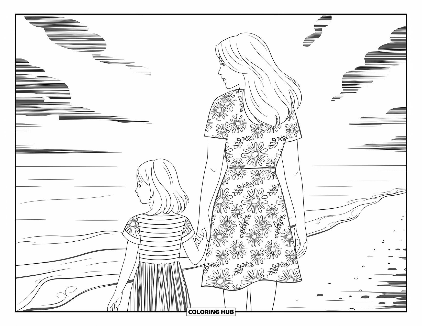 Mom And Daughter Coloring Page for Adults: A mom and daughter walking beside the sea under soft clouds