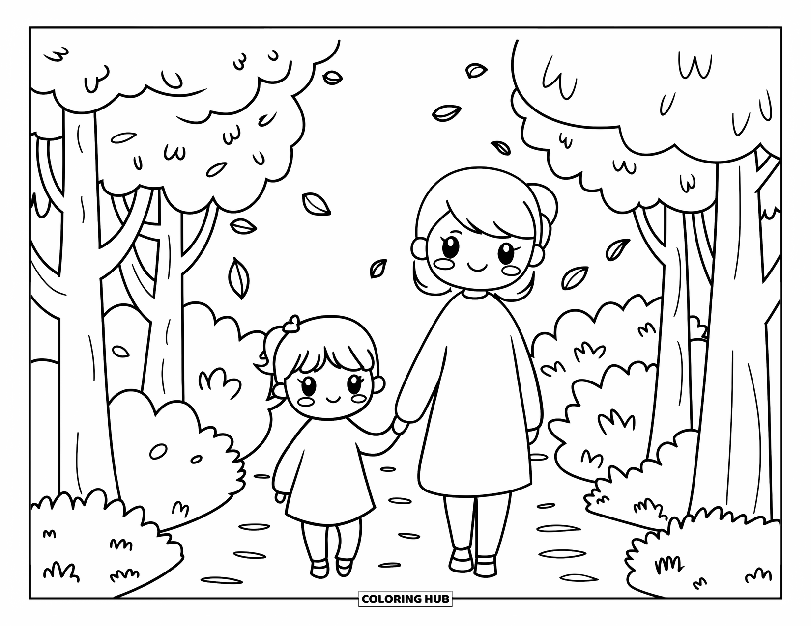 Mom And Daughter Coloring Page for Adults: A mom and daughter walking hand in hand through a peaceful forest