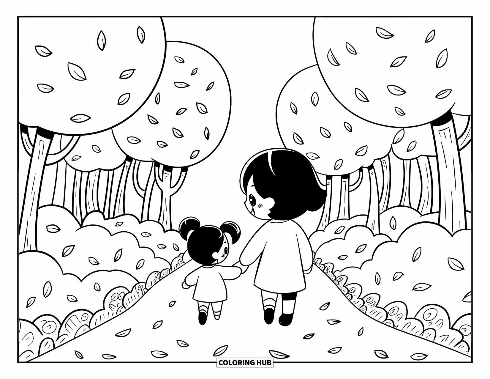 Mom And Daughter Coloring Page for Adults: A mom and daughter walking through a cozy forest filled with soft leaves