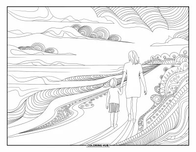 Målarbild med mamma och dotter för vuxna: En mamma och dotter som promenerar tillsammans längs en fridfull strandväg