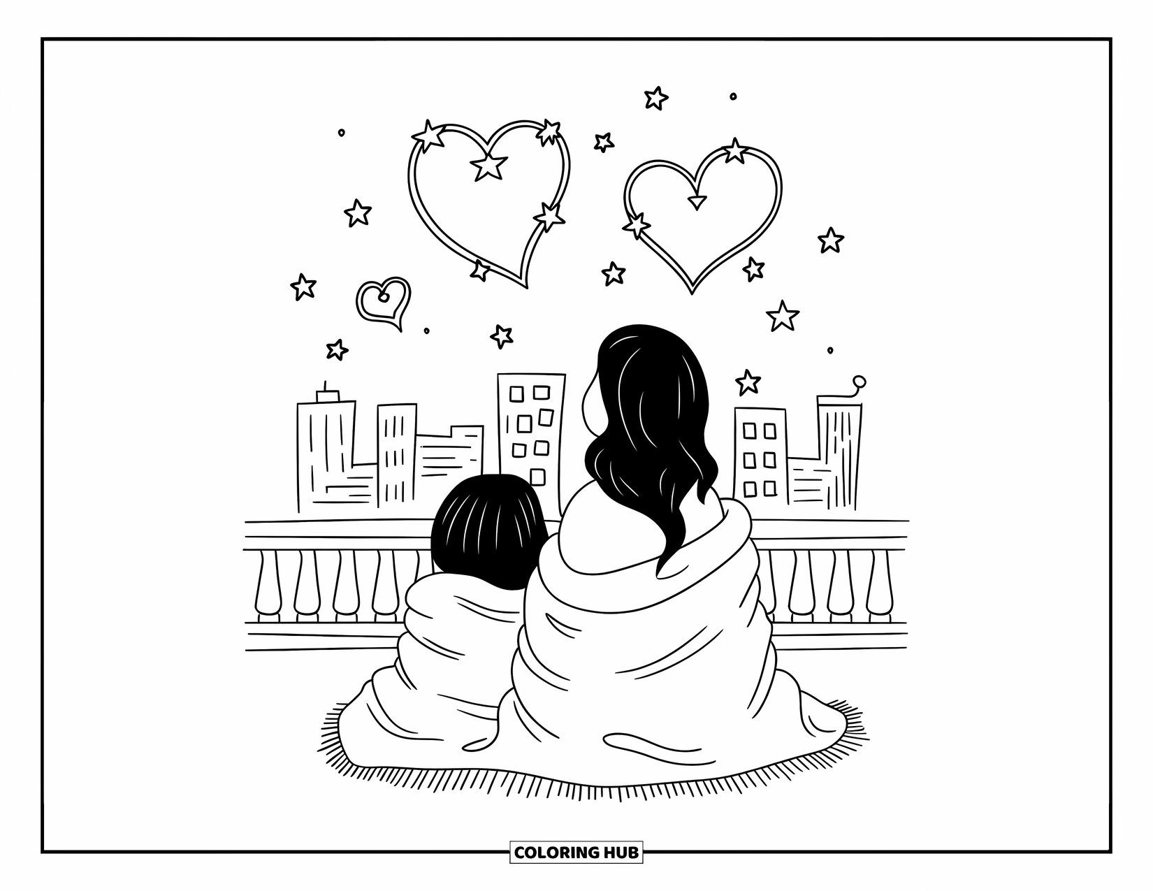 Mom And Daughter Coloring Page for Adults: A mom and daughter wrapped in blankets watching stars from their balcony