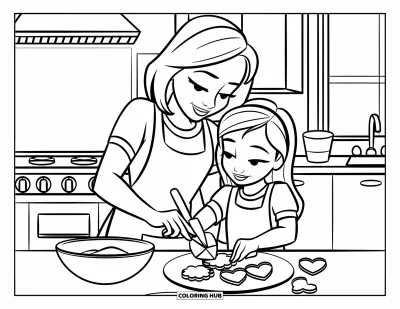Målarbild med mamma och dotter för barn: En mamma och dotter som bakar kakor tillsammans i ett hemtrevligt kök