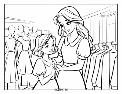 Målarbild med mamma och dotter för barn: En mamma och dotter som tittar på kläder i en glad liten butik