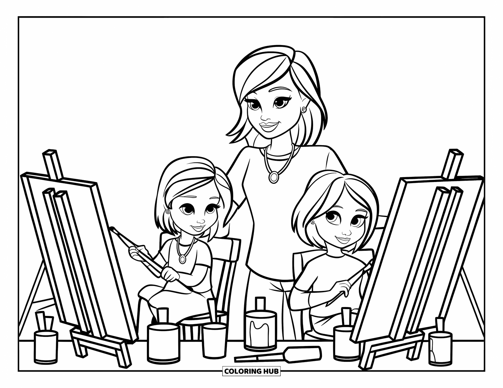 Mom And Daughter Coloring Page for Kids: A mom and daughter creating art together surrounded by paint supplies